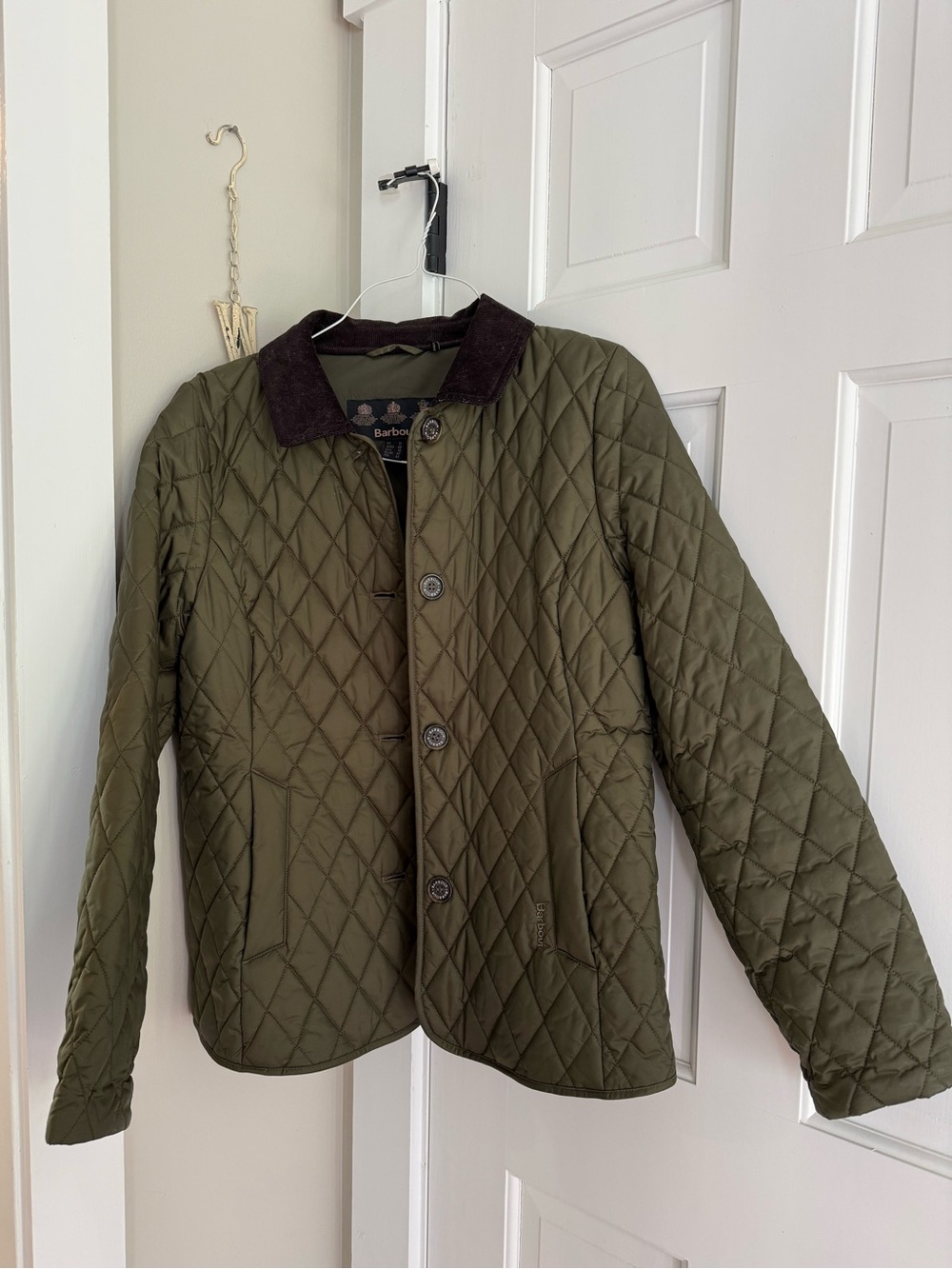 Barbour Olive Quilted Jacket with Dark Corduroy Collar